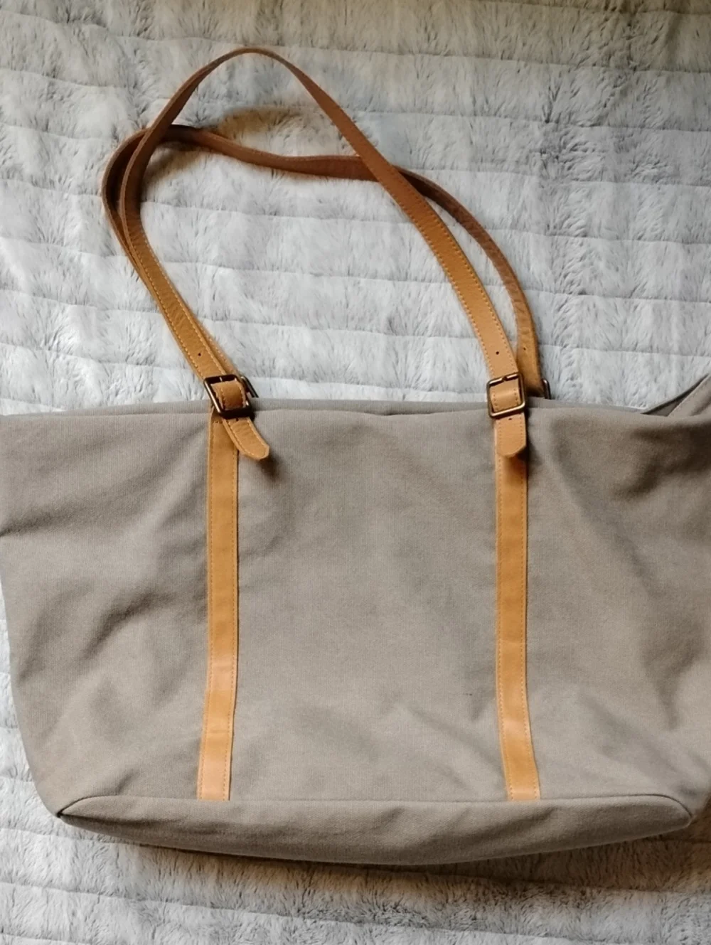 Canvas Tote Bag with Tan Leather Straps - Unisex